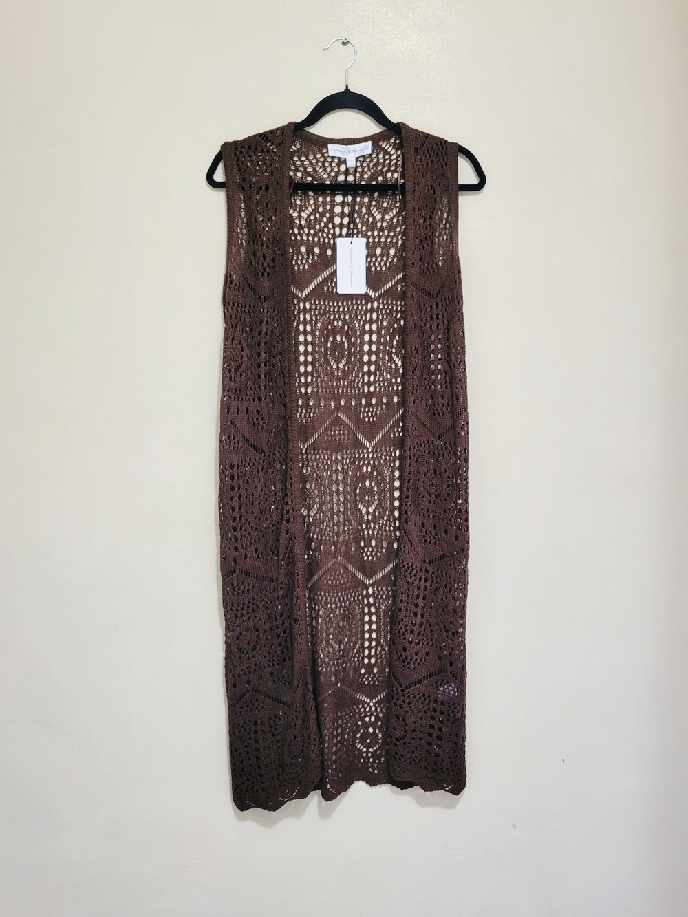 Chelsea & Theodore Crochet Open-Front Vest - Coffee Brown